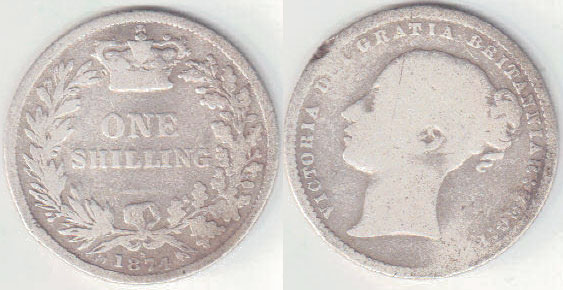 1874 Great Britain silver Shilling (die 4) A003673